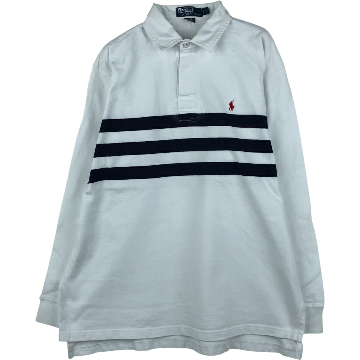 商品詳細 ブランド・Ralph Lauren・ラルフローレン・ 特徴・レギュラーカラー・長袖・ モデル/形状・POLO by Ralph Lauren・長袖 ラガーシャツ・ 素材・コットン:100%・ 色・ホワイト系 白色・ネイビー系 紺色・ 柄・ライン入り・ワンポイント・ 生産国・スリランカ製・ 年代 サイズ・メンズM・表記サイズ:M・着丈:73cm・身幅:59cm・肩幅:50cm・袖丈:58.5cm・ コンディション・C・ カテゴリ・メンズ・トップス・長袖シャツ・ラガーシャツ・ 商品番号・eaa601391・ 取扱店・・ スタッフコメントRalph Lauren POLO by Ralph Lauren 長袖 ラガーシャツ / メンズM / 商品番号 eaa601391 USEDですので使用感などございますが、まだまだご愛用していただけます。 古着という事をご理解の上ご注文よろしくお願いします。 【状態追記】 ●前、両腕・袖先・左胸に汚れ ●後、腰・左腕に汚れ ●内、左袖先に汚れ　胸部にボタンリペア※状態は当社独自の基準です。 着用感表記サイズ着丈身幅肩幅袖丈 メンズMM(※着用感、表記サイズは目安です。)73cm59cm50cm58.5cm ※測定値の若干の誤差はご了承下さい。サイズガイドはこちら ブランドRalph Laurenラルフローレン 特徴レギュラーカラー / 長袖モデル/形状POLO by Ralph Lauren / 長袖 ラガーシャツ素材コットン:100%色ホワイト系 白色 / ネイビー系 紺色柄ライン入り / ワンポイント生産国スリランカ製年代-カテゴリラガーシャツ商品番号eaa601391取扱店　　 ラルフローレンの他の商品を見るラガーシャツの他の商品を見る