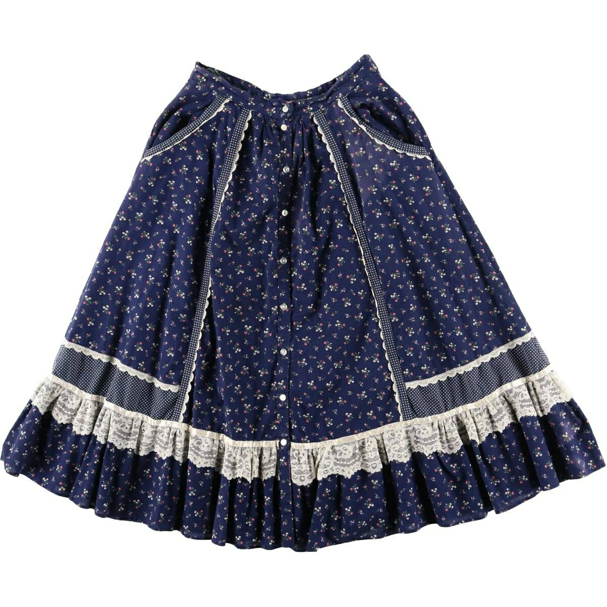 古着 70 039 S ガンネサックス GUNNE SAX GUNNIES ガニーズ 総柄 花柄 ドット柄 前開き コットン ハーフ丈 フレアスカート USA製 レディースS相当 ヴィンテージ /eaa604836 【中古】 【260111】 【Elulu/エルル】 ネイビー系 春夏秋冬