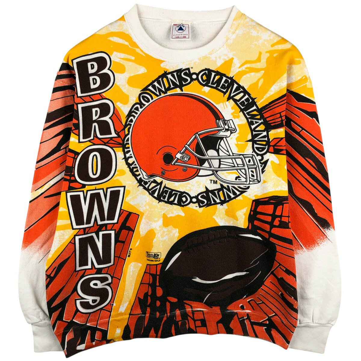 古着 90'S DELTA FIFTY-FIFTY NFL CLEVELAND BROWNS クリーブランドブラウンズ オールオーバープリント プリントスウェットシャツ トレーナー USA製 メンズXL相当 ヴィンテージ /eaa610768   【SS2606_10