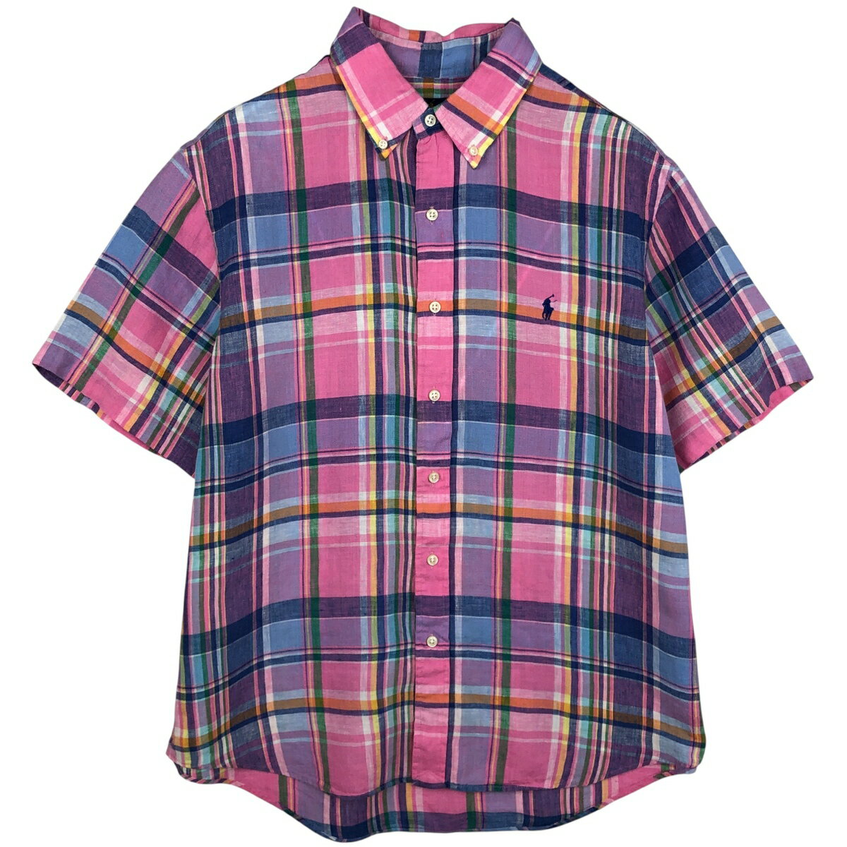 樂天商城 - 古着 ラルフローレン Ralph Lauren チェック柄 半袖 リネン ボタンダウンシャツ メンズL相当 /eaa612010 【中古】 【260220】 ピンク系 春夏