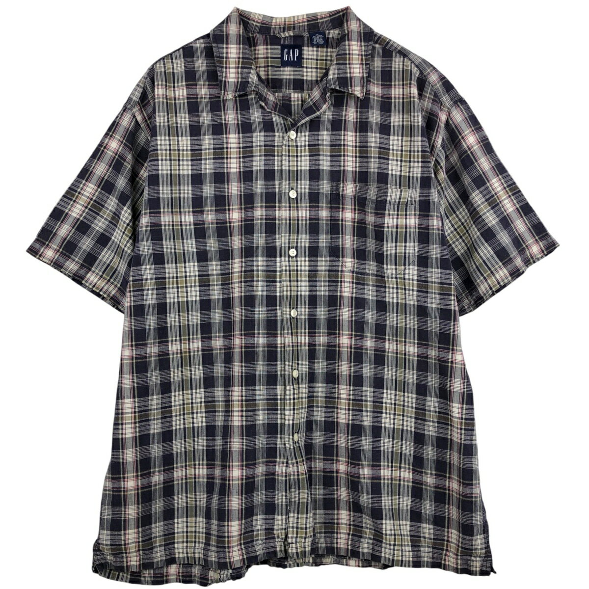 古着 90'S ギャップ GAP オールドギャップ チェック柄 半袖 オープンカラー リネンシャツ ボックスシャツ メンズXL相当 ヴィンテージ /..