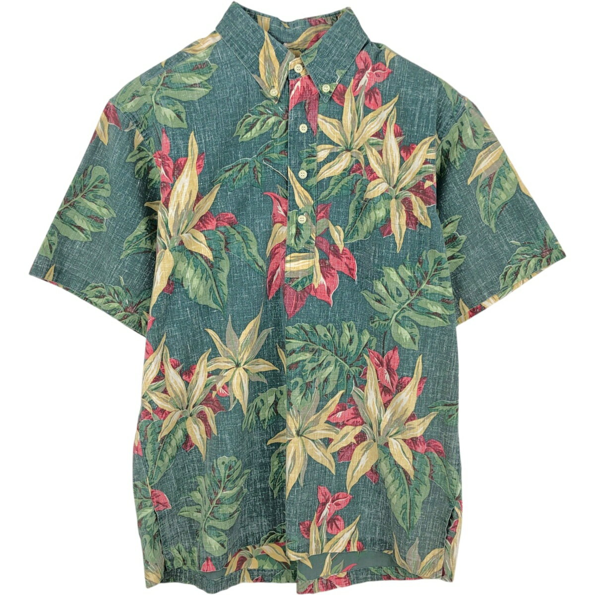 古着 90'S レインスプーナー REYNSPOONER 水着 ビキニタグ リーフ柄 ハーフボタン ボタンダウン ハワイアンアロハシャツ ボックスシャツ ハワイ製 メンズM相当 ヴィンテージ /eaa614549 【中古】 【260314】