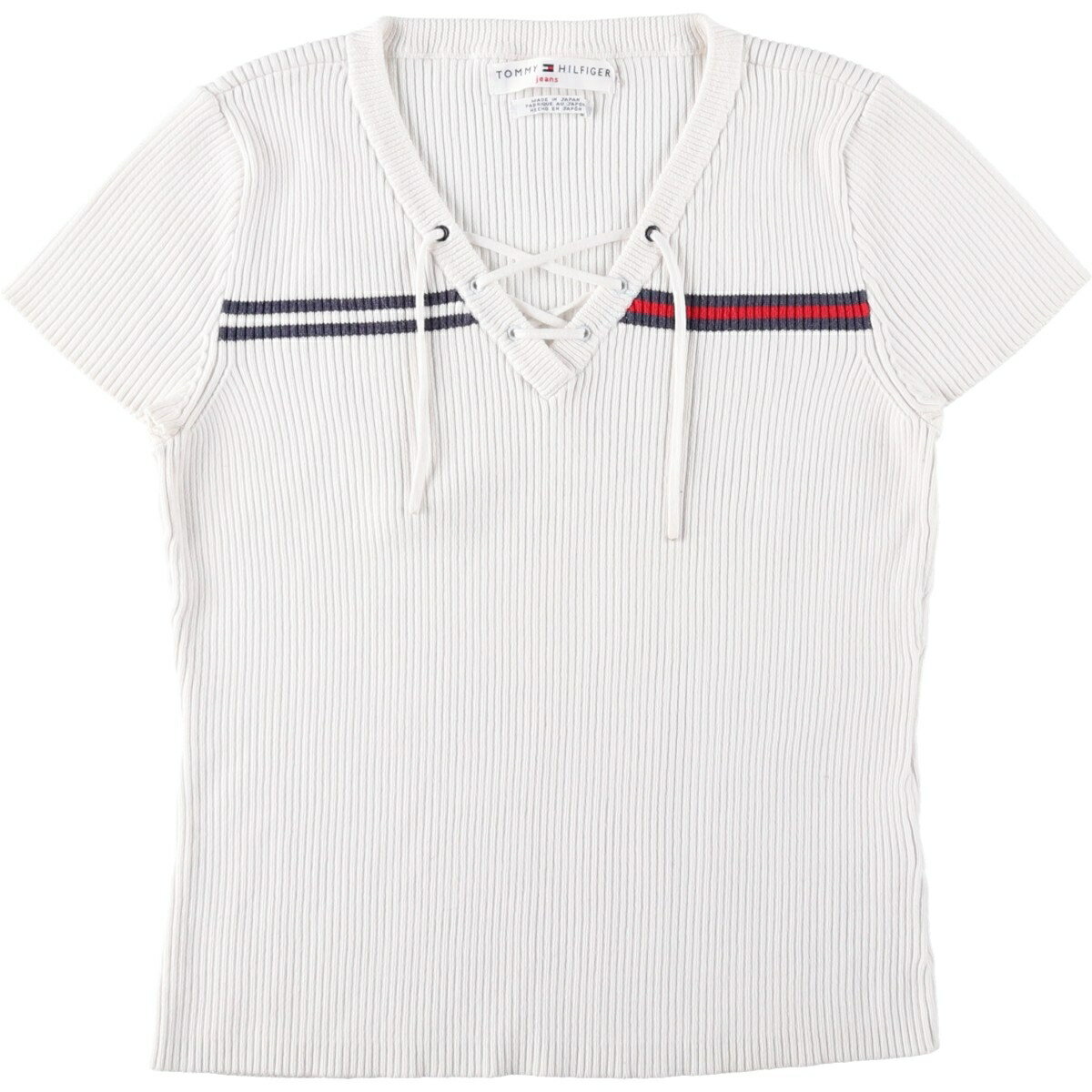 古着 トミーヒルフィガー TOMMY HILFIGER JEANS リブ編み レースアップ Vネック 半袖 コットンニットセーター レディースS相当 /eaa618778 【中古】 【260613】 【ADEL/アデル】