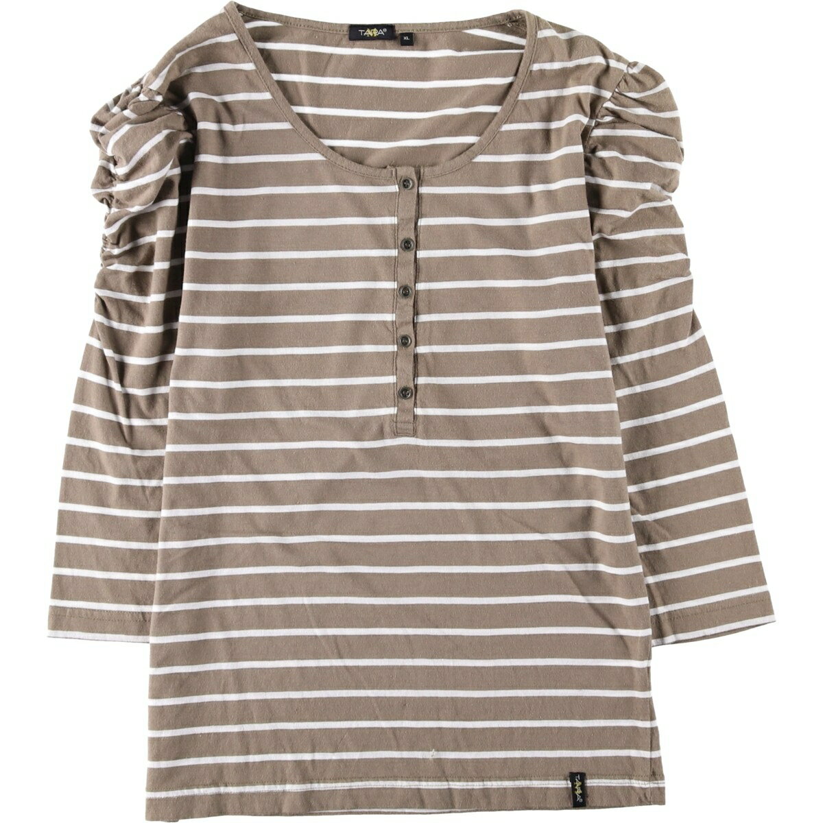 樂天商城 - 古着 TARA ボーダー柄 ハーフボタン 七分袖 ロングTシャツ ロンT レディースXL相当 /eaa620320 【中古】 【260523】 【ADEL/アデル】 ベージュ系 春夏秋