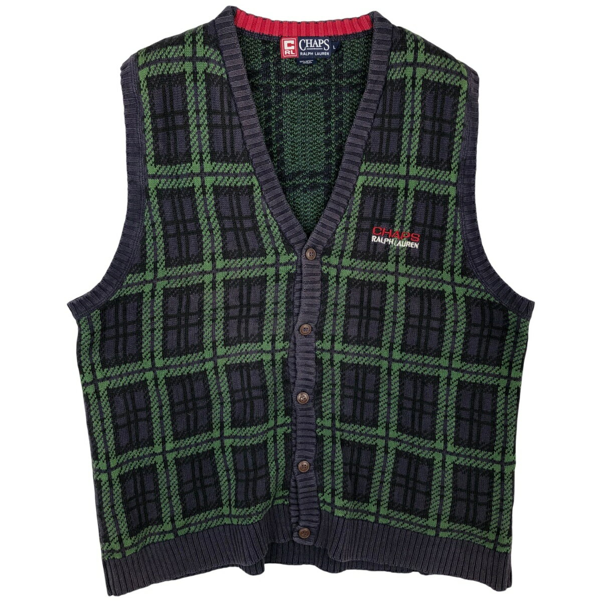 Rakuten - 古着 ラルフローレン Ralph Lauren CHAPS チャップス チェック柄 前開き コットンニットベスト メンズL相当 /eaa620717 【中古】 【260530】