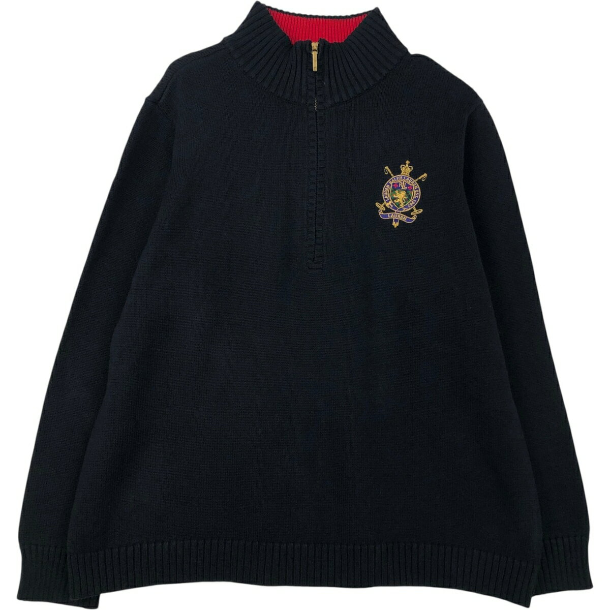 00s LAUREN ラルフローレン ハーフジップ コットン ニット セーター レディース XL 小さめ 古着 オールド ポロ プルオーバー ハイネック 黒 Ralph Lauren - 00s LAUREN ラルフローレン ハーフジップ コットン