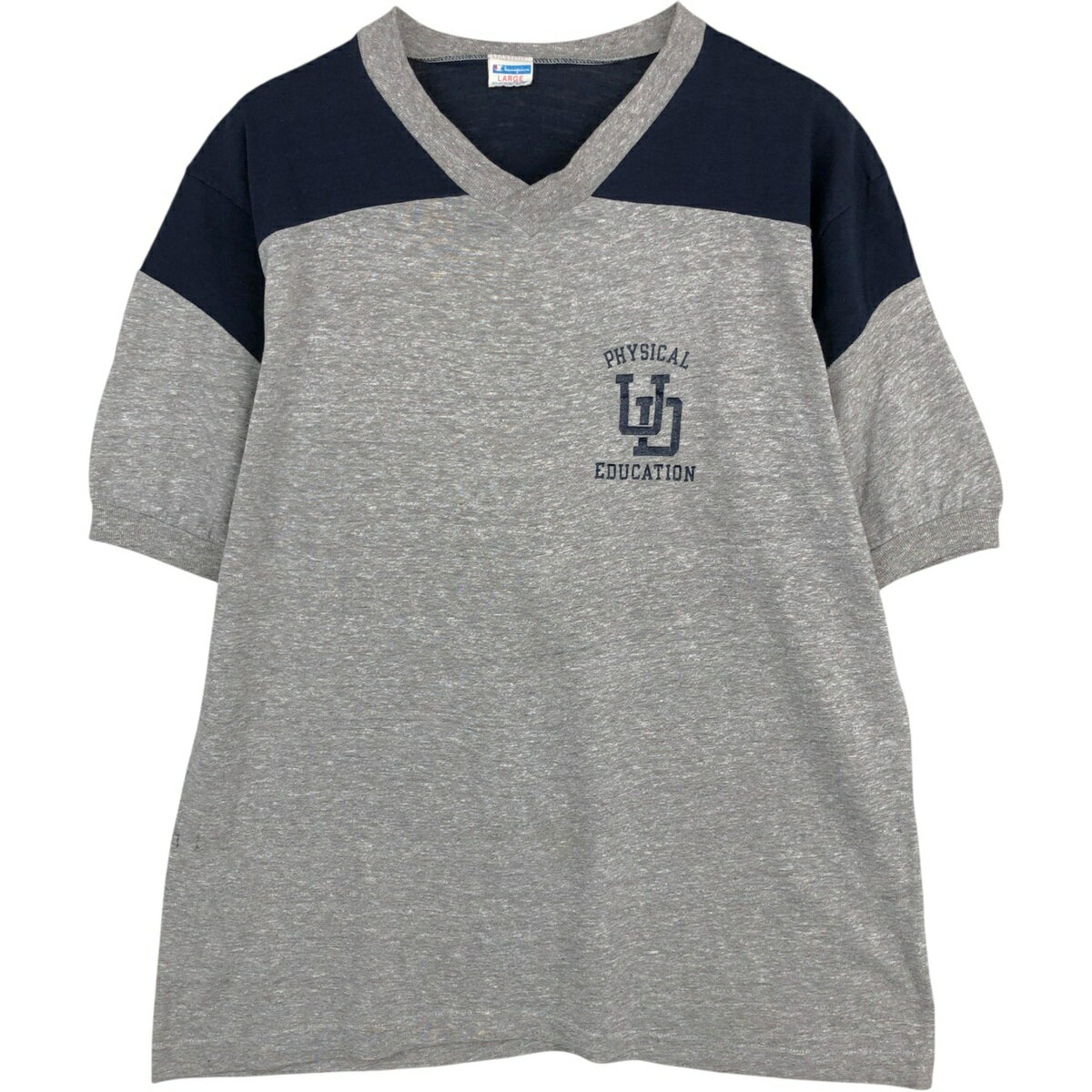 古着 70'S チャンピオン Champion バータグ VネックTシャツ USA製 メンズL相当 ヴィンテージ /eaa623128 【中古】 【260605】 ネイビー系 春夏秋