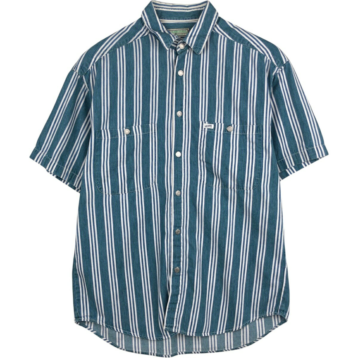 樂天商城 - 古着 90'S ゲス Guess GUESS JEANS マルチストライプ 半袖 デニムシャツ USA製 メンズM相当 ヴィンテージ /eaa625528 【中古】 【260322】 ブルー系 春夏