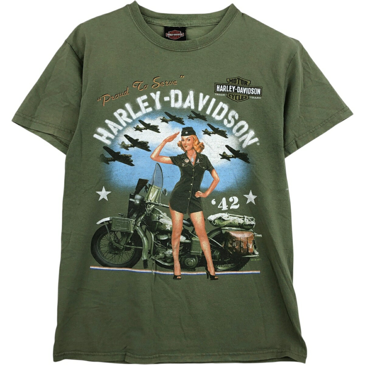 Rakuten - 古着 ハーレーダビッドソン Harley-Davidson ピンナップガール モーターサイクル バイクTシャツ メンズS相当 /eaa626043 【中古】 【260315】 グリーン系 春夏秋