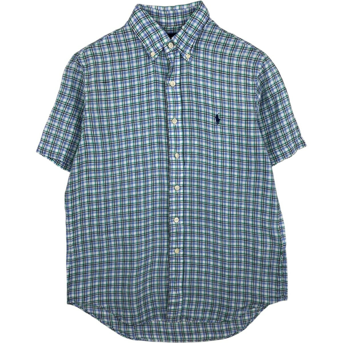 乐天商城 - 古着 ラルフローレン Ralph Lauren CLASSIC FIT クラシックフィット チェック柄 ボタンダウン 半袖 リネンシャツ メンズS相当 /eaa626417 【中古】 【260321】 【ADEL/アデル】 ブルー系 春夏