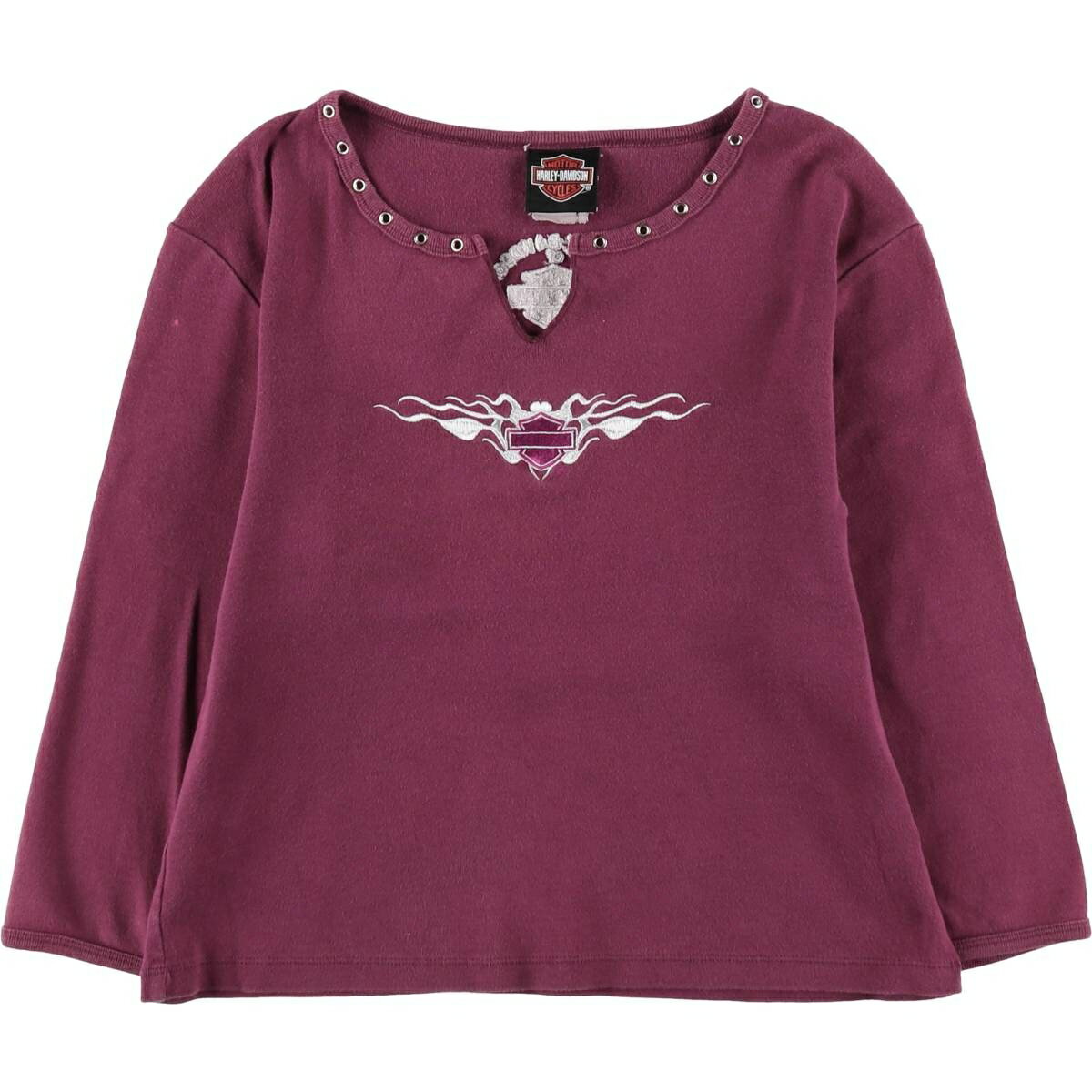 古着 ハーレーダビッドソン Harley-Davidson ハトメ付き トライバル モーターサイクル スリットネック ロングTシャツ ロンT レディース..