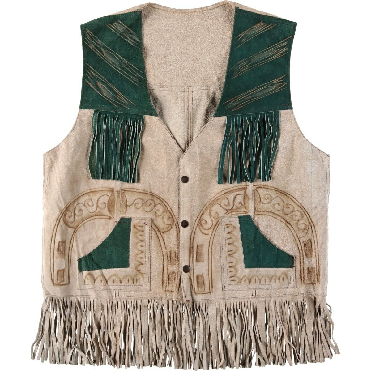 古着 総柄 フリンジ付き スエードレザーベスト ウエスタンベスト メンズXL相当 /eaa629242 【中古】 【260423】 ベージュ系 春秋冬