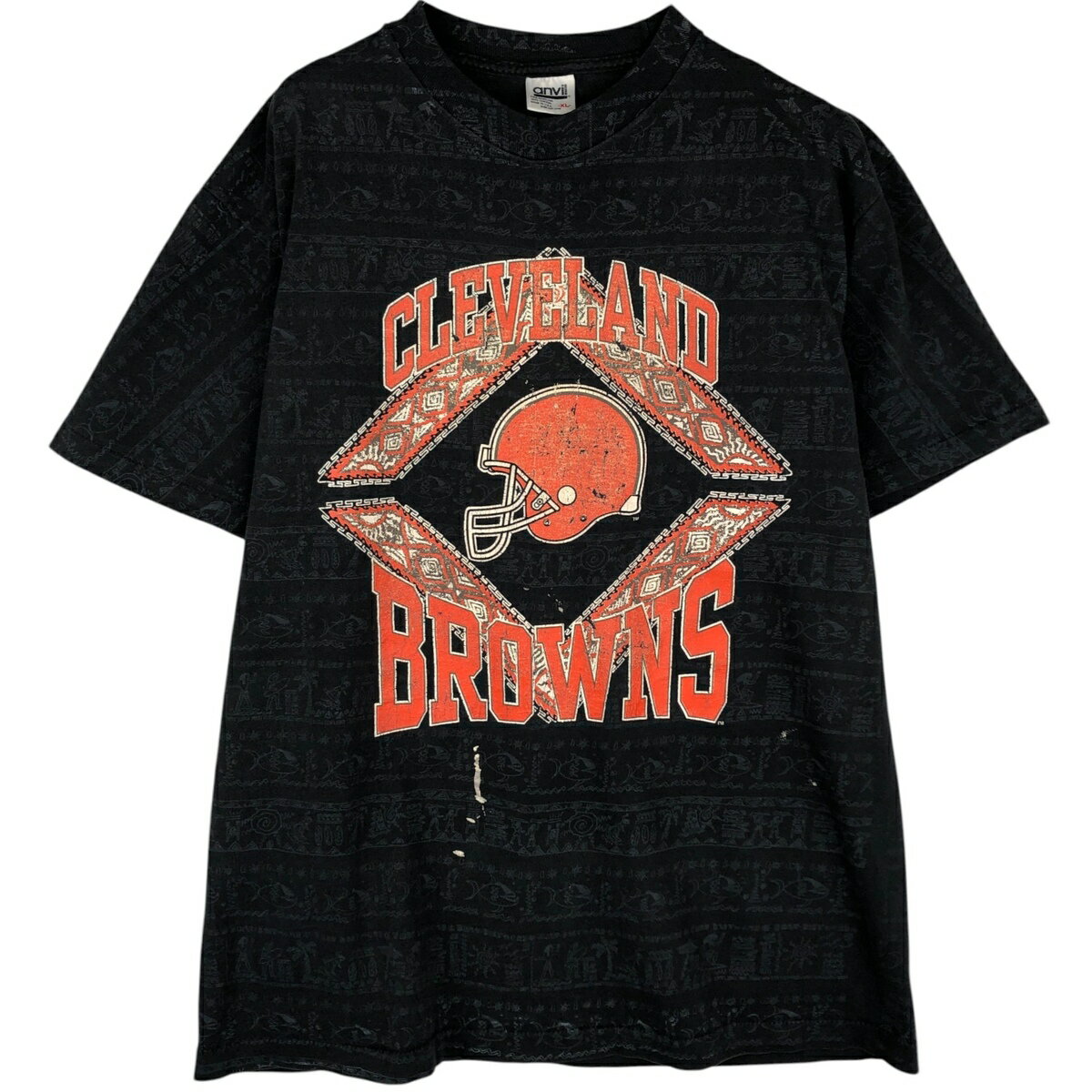 古着 90'S アンビル Anvil NFL CLEVELAND BROWNS クリーブランドブラウンズ オールオーバープリント スポーツプリントTシャツ USA製 メンズXL相当 ヴィンテージ /eaa630808 【中古】 【260404】