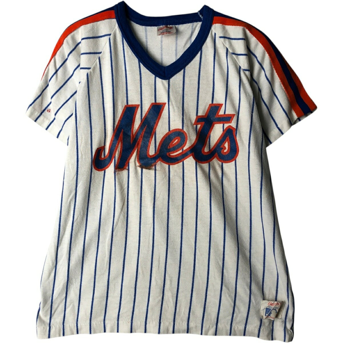 古着 ~90'S RAWLINGS MLB NEWYORK METS ニューヨークメッツ ストライプ柄 Vネック スポーツプリントTシャツ USA製 レディースM相当 /eaa630820 【中古】 【260405】 【ADEL/アデル】 ホワイト系 春夏秋