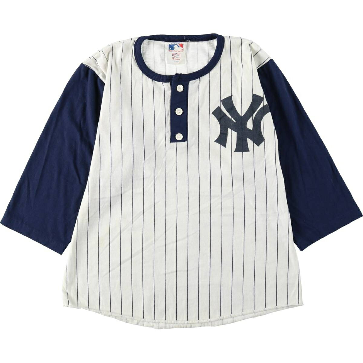 乐天商城 - 古着 90'S MLB NEW YORK YANKEES ニューヨークヤンキース ストライプ柄 ヘンリーネック 七分袖 ロゴプリントTシャツ USA製 レディースM相当 ヴィンテージ /eaa630902 【中古】 【260405】 【ADEL/アデル】 ホワイト系 春夏秋