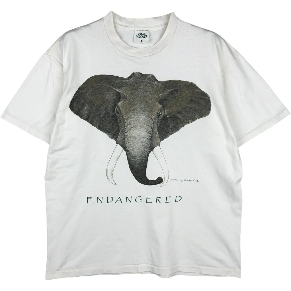 Rakuten - 古着 ONE PLANET ゾウ柄 アニマルTシャツ USA製 メンズL相当 シングルステッチ /eaa631444 【中古】 【260405】 ホワイト系 春夏秋