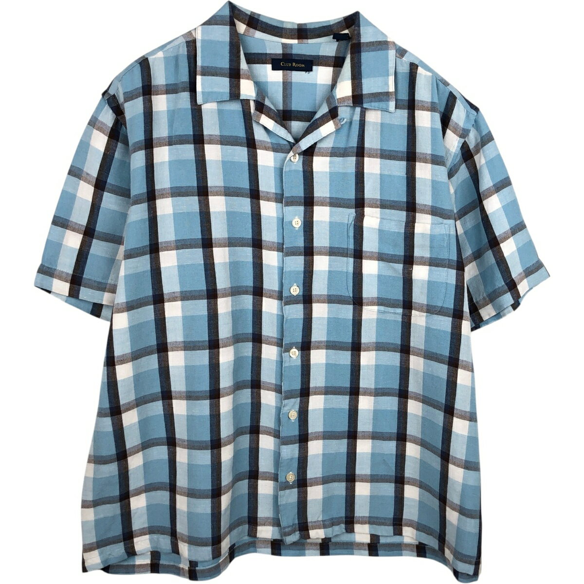 Casual Shirts - 古着 Club Room チェック柄 オープンカラー 半袖 オープンカラー リネンシャツ ボックスシャツ メンズL相当 /eaa632094 【中古】 【260416】