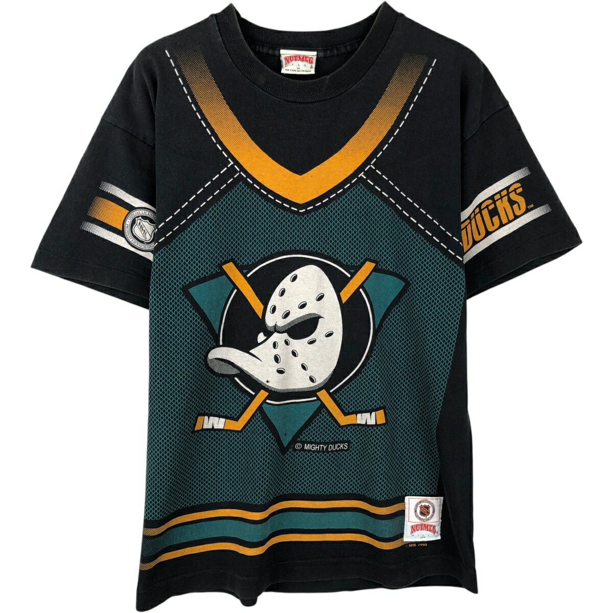 古着 90'S NUTMEG NHL ANAHEIM DUCKS アナハイムマイティ ダックス オールオーバープリント スポーツプリントTシャツ 英国製 メンズM相当 ヴィンテージ /eaa638899 【中古】 【260429】