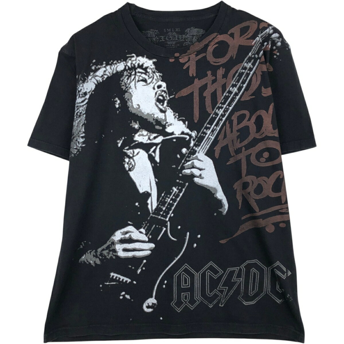 【希少】00s AC/DC ロンT フェード バンT 短丈 ブラック 2005年 2000s 2000年代 ACDC 音楽 ミュージック 半袖 黒 ブラック バンT