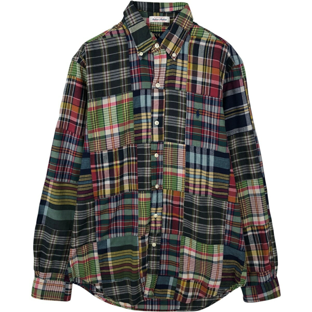 乐天商城 - 古着 ラルフローレン Ralph Lauren CLASSIC FIT INDIGO パッチワーク 長袖 ボタンダウンチェックシャツ メンズM相当 /eaa643470 【中古】 【260511】