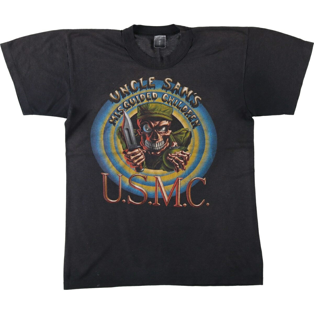 古着 ~90'S USMC UNCLE SAM'S MISGUIDED CHILDREN プリント ドクロ柄 スカル柄 ミリタリープリントTシャツ メンズS相当 ヴィンテージ /eaa646145   ブラック系 春夏秋