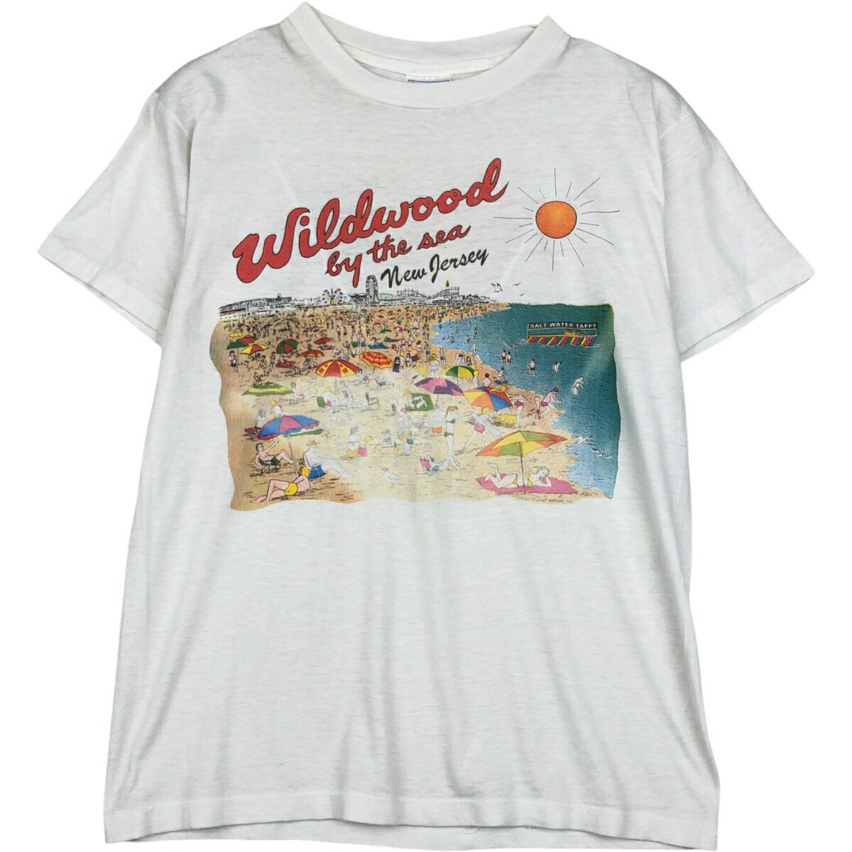 古着 80'S ヘインズ Hanes Fifty-Fifty 青タグ WILDWOOD CANDY & ICE CREAM CO プリントTシャツ USA製 メンズL相当 ヴィンテージ /eaa646158   ホワイト系 春夏秋