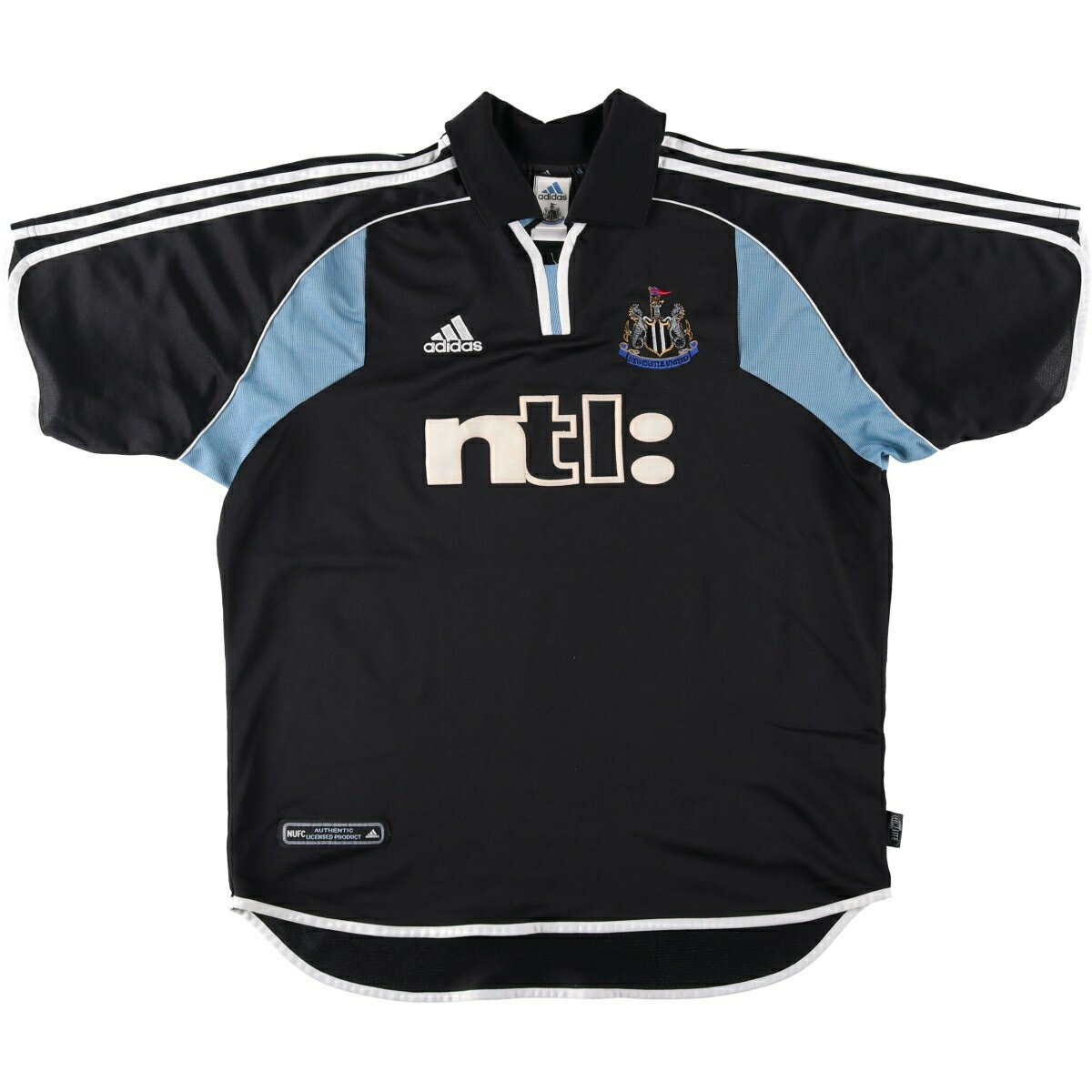 古着 90~00 039 S アディダス adidas PREMIER LEAGE プレミアリーグ NEWCASTLE UNITED FC ニューカッスル ユナイテッド FC Vネック 襟付き サッカーユニフォーム ゲームシャツ 英国製 メンズXL相当 /eaa646953 【中古】 【260523】 【DL2606】