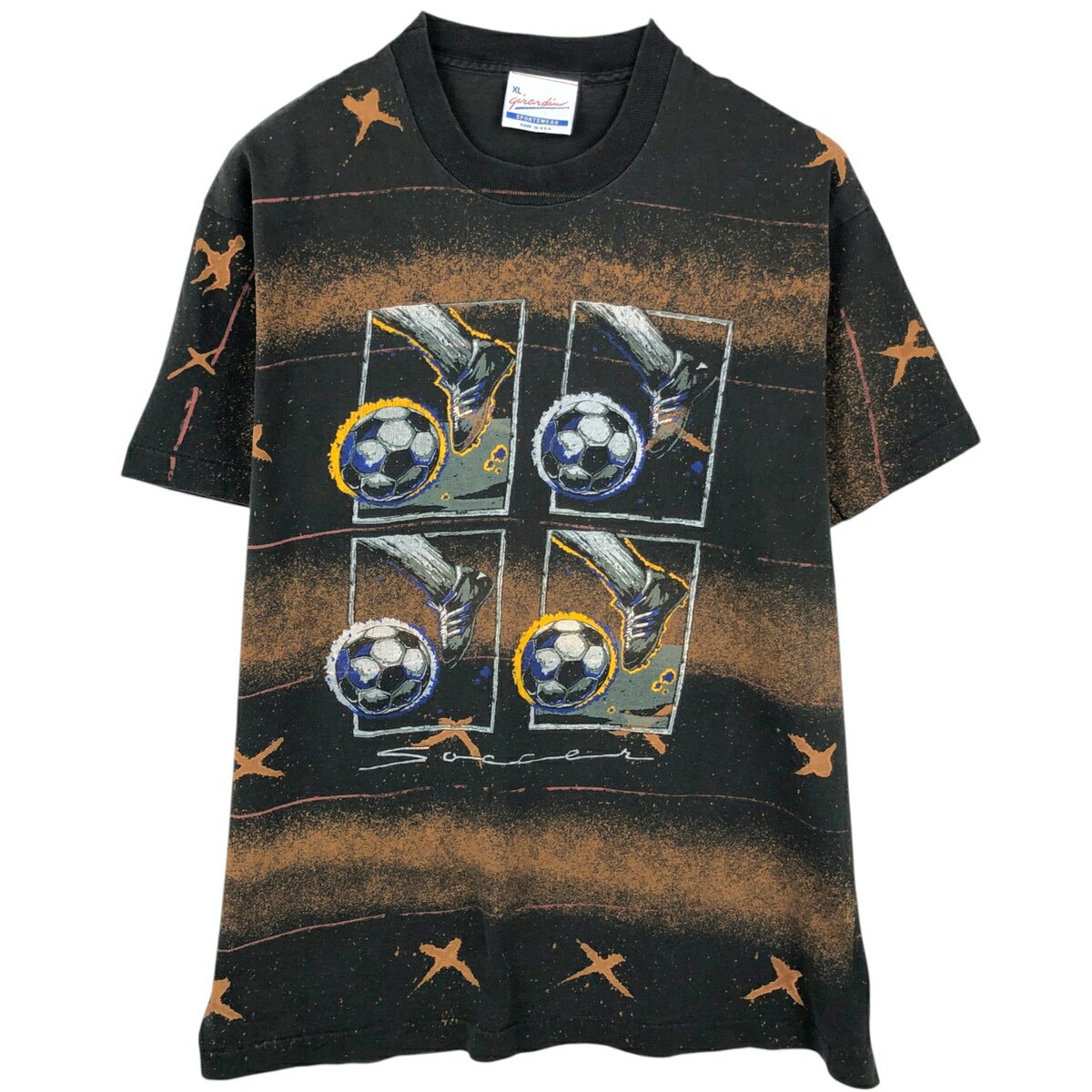 乐天商城 - 古着 80~90'S girardin 総柄 ボーダー柄 マルチボーダー プリントTシャツ USA製 メンズXL相当 ヴィンテージ /eaa649461 【中古】 【260618】