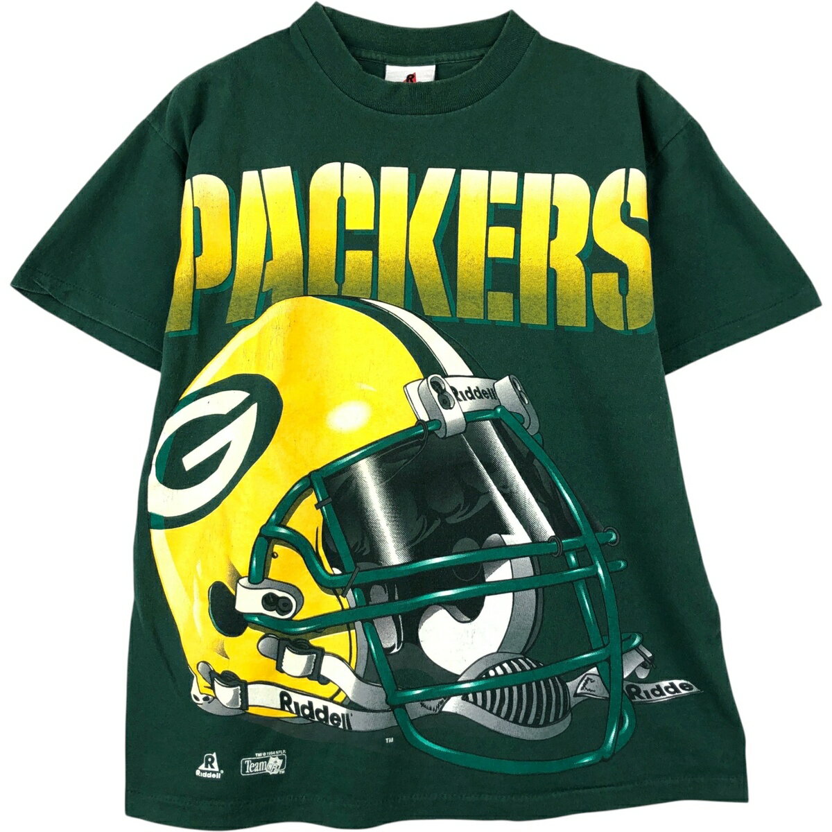 古着 90'S RIDDELL NFL GREEN BAY PACKERS グリーンベイパッカーズ 大判プリント スポーツプリントTシャツ USA製 メンズM相当 /eaa649471  