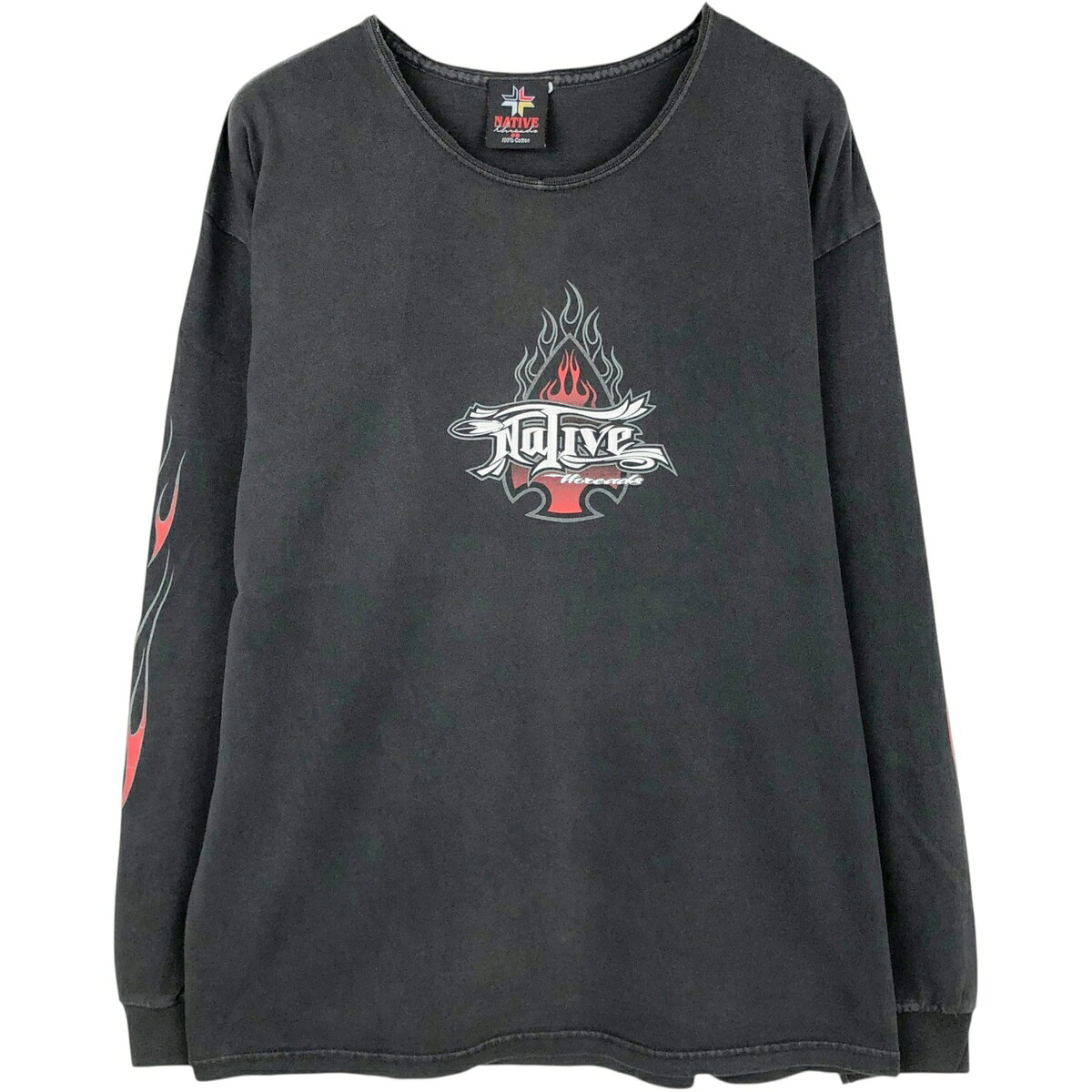 古着 デルタ NATIVE ファイヤーパターン ボートネック ロングTシャツ ロンT USA製 メンズL相当 /eaa653265   ブラック系 春夏秋