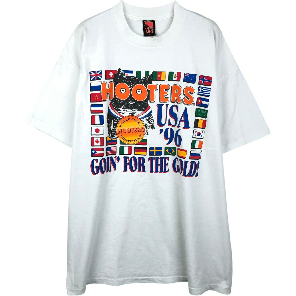 古着 90'S NATIVE SUN HOOTERS フーターズ 国旗柄 アドバタイジングTシャツ USA製 メンズXL相当 ヴィンテージ /eaa654261  