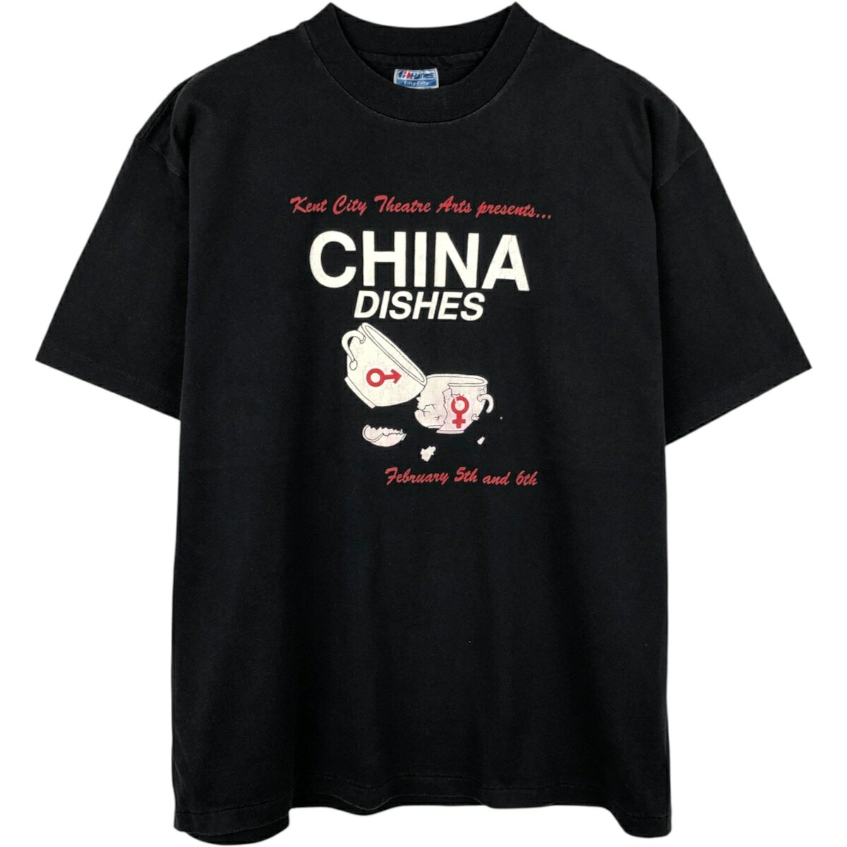 古着 80'S ヘインズ Hanes Fifty-Fifty 青タグ CHINA DISHES 演劇 メッセージ プリントTシャツ USA製 メンズXL相当 ヴィンテージ /eaa658738 【中古】 【260809】