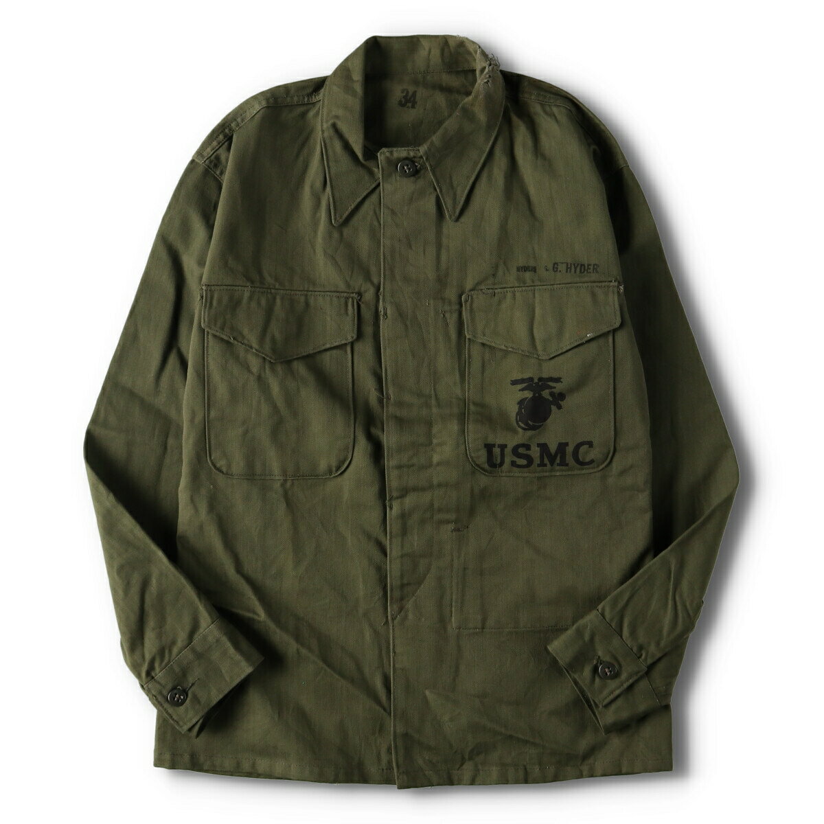 古着 50'S 米軍実品 USMC P-53 HBT ヘリンボーンツイルミリタリー ユーティリティジャケット USA製 34 メンズM ヴィンテージ /eva000709 【中古】 【240504】 【Y-V2405】【N2407】 ss2501_50