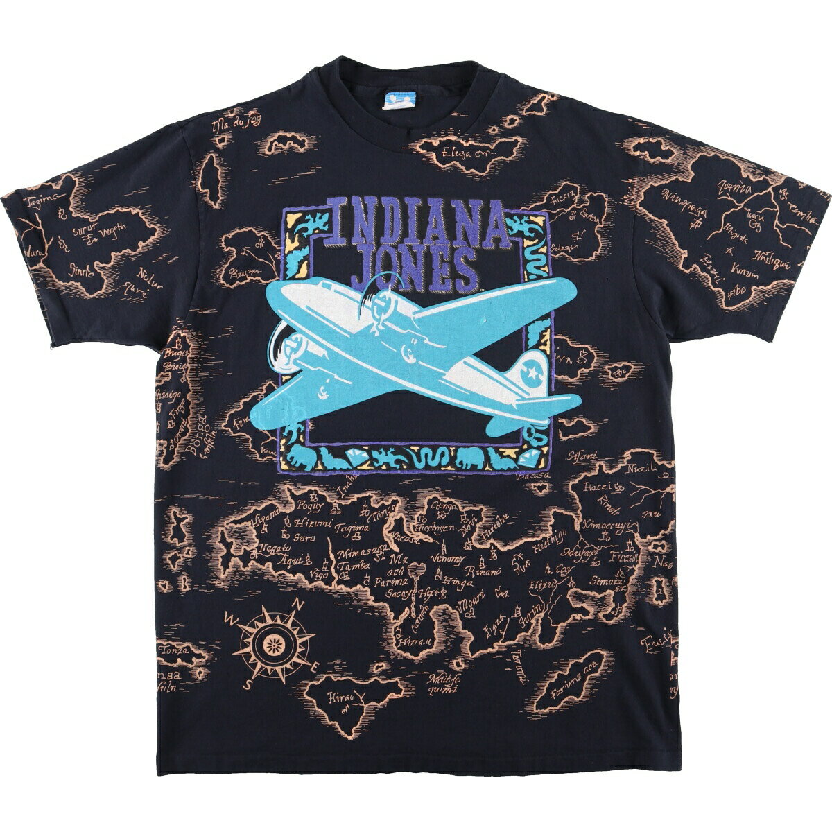 古着 80 039 S DISNEY INDIANA JONES インディージョーンズ 総柄 映画 ムービーTシャツ USA製 メンズXL ヴィンテージ /evb001969 【中古】【N2307】【SV】【230701】