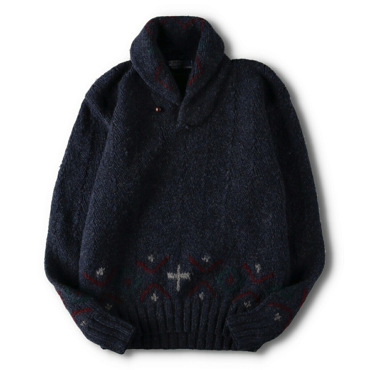 古着 90'S ラルフローレン Ralph Lauren POLO by Ralph Lauren 総柄 HAND KNIT ハンドニット ショールカラー ウールニットセーター メンズL ヴィンテージ /evb002668 【中古】【V2311】 【231022】 【SS2406】