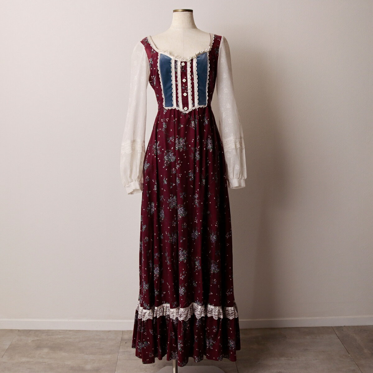 古着 70'S ガンネサックス GUNNE SAX Jessica 花柄 マキシ丈 長袖 フレア ワンピース レディースS相当 ..