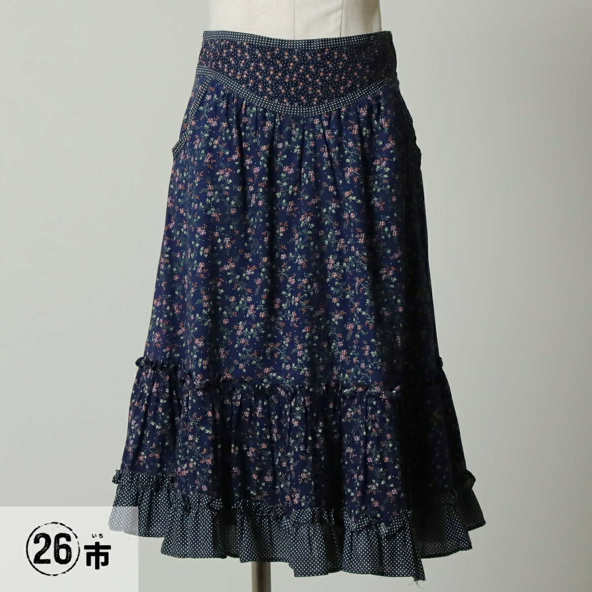 古着 70 039 S ガンネサックス GUNNE SAX GUNNIES ガニーズ ドット柄 ボタニカル柄 フリル付き 総柄 コットン ハーフ丈 フレアスカート USA製 レディースM相当 ヴィンテージ /evb031117 【中古】 【250912】 【V2509】 【SS2603_10】 ネイビー系 春夏秋冬