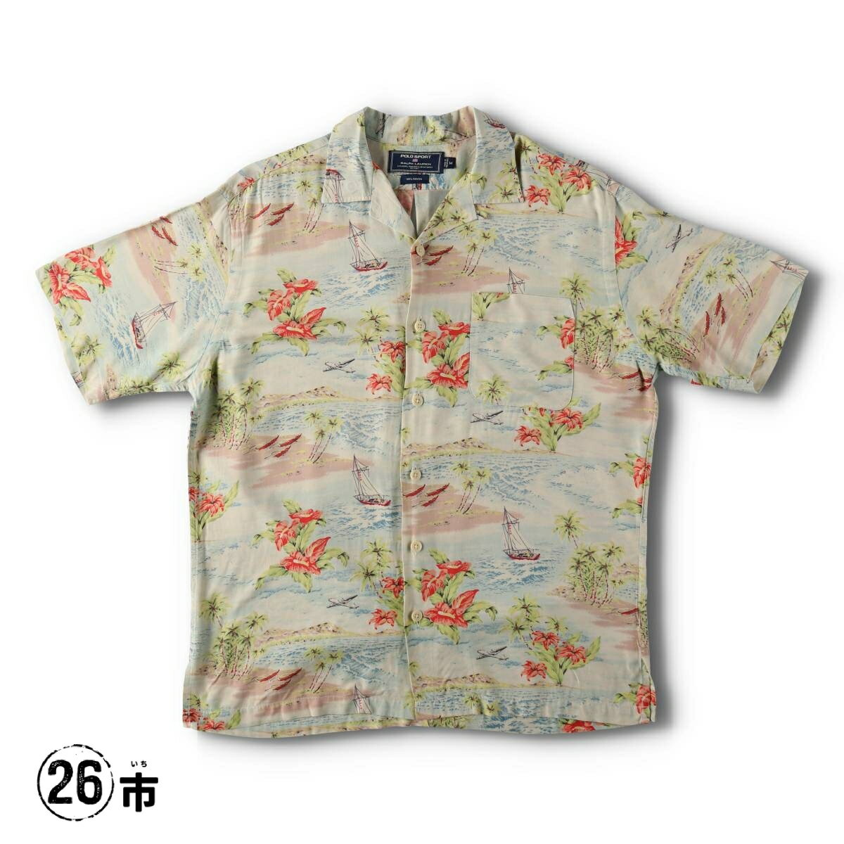 古着 90'S ラルフローレン Ralph Lauren POLO SPORT ポロスポーツ 総柄 オープンカラー レーヨン ハワイアンアロハシャツ ボックスシャツ メンズM相当 ヴィンテージ /evb031347 【中古】 【260526】 【V2606】 ブルー系 春夏
