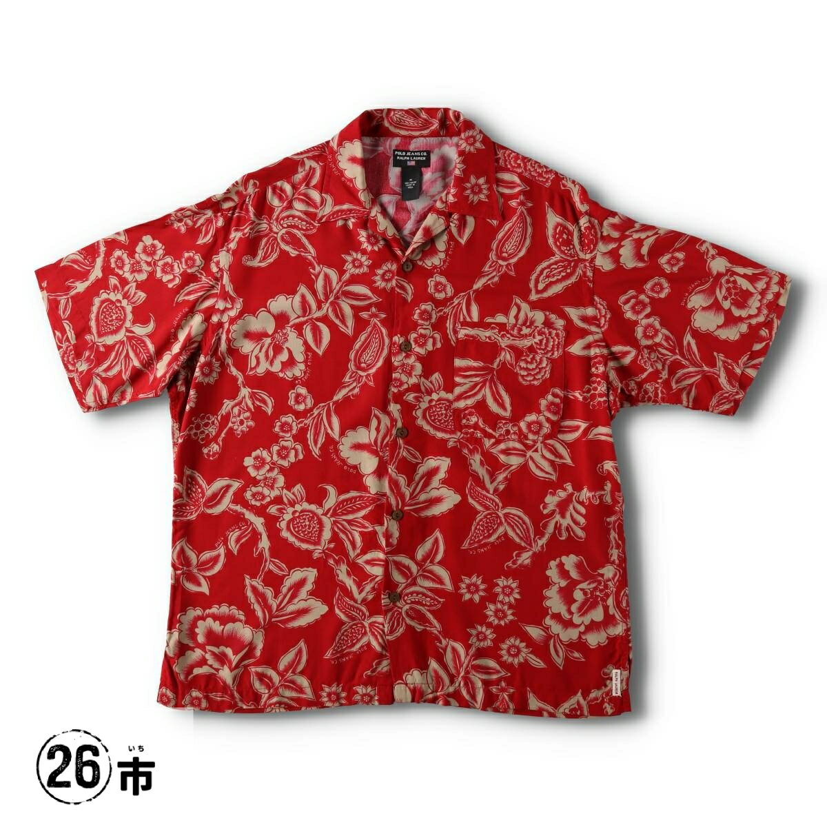 古着 00'S ラルフローレン Ralph Lauren POLO JEANS COMPANY 総柄 ボタニカル柄 オープンカラー ハワイアンアロハシャツ ボックスシャツ メンズM相当 /evb031349 【中古】 【260526】 【V2606】 レッド系 春夏