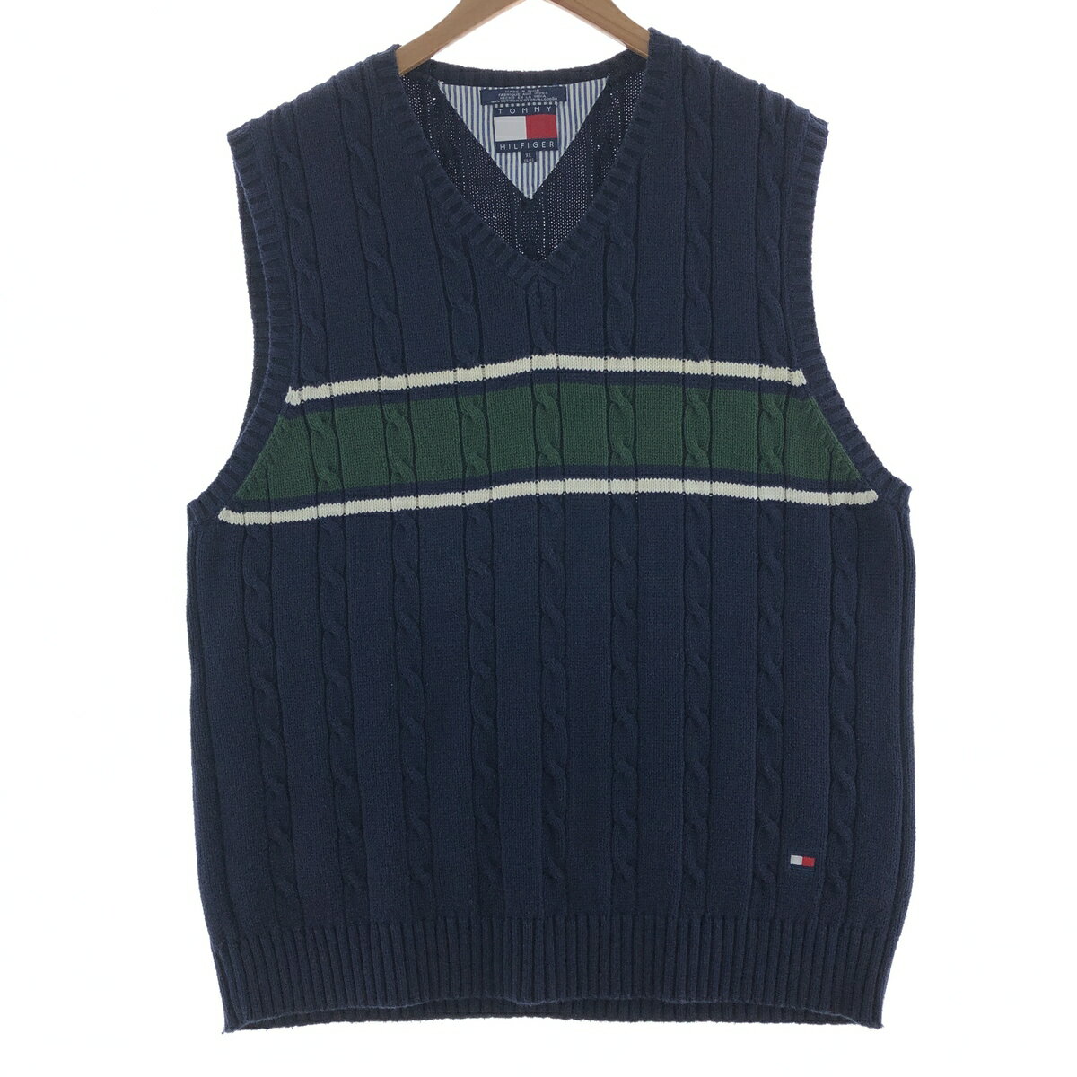 ＼31%OFF／古着 90'S トミーヒルフィガー TOMMY HILFIGER ケーブル編み Vネック コットンニットベスト メンズXL ヴィンテージ /taa000145 【中古】 【230929】 【SS2406】