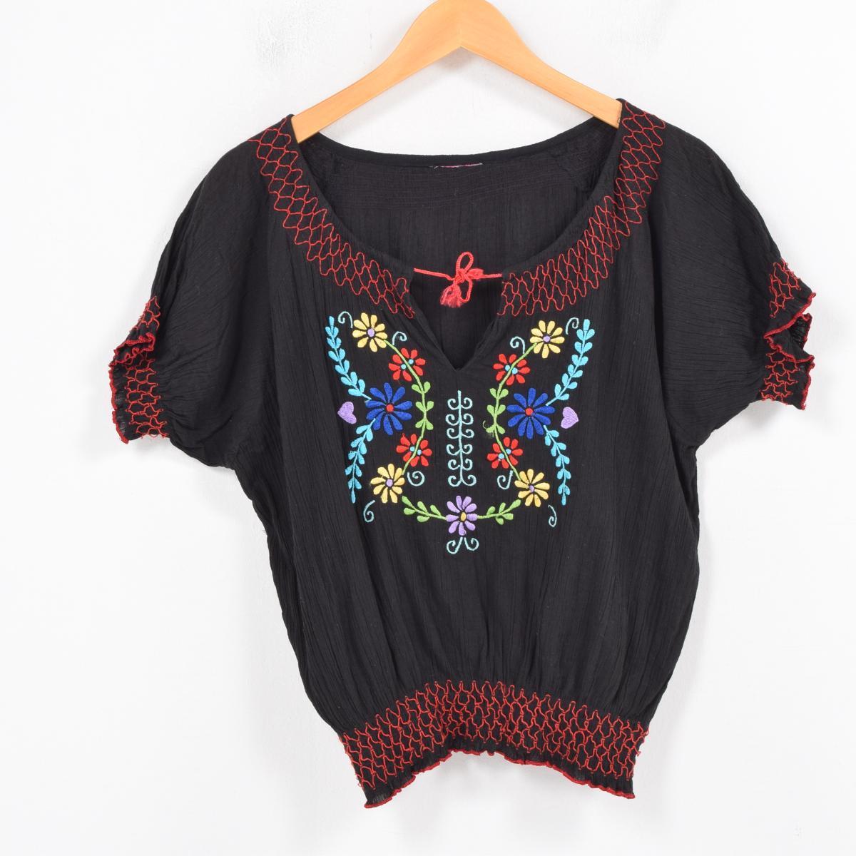 花柄刺繍 スモッキング スリットネック 半袖チュニック レディースM /wal9352 【中古】 【171212】【PD191018】【TS1910】【CS2001】