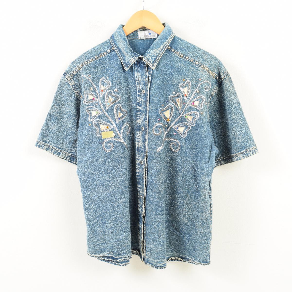 Blue ケミカルウォッシュ 刺繍 ラメ糸 半袖 デニムシャツ レディースxl War2951 中古 古着屋ｊａｍ Pd Cs03 Ss06 その他半袖シャツ 古着屋jam ジャム