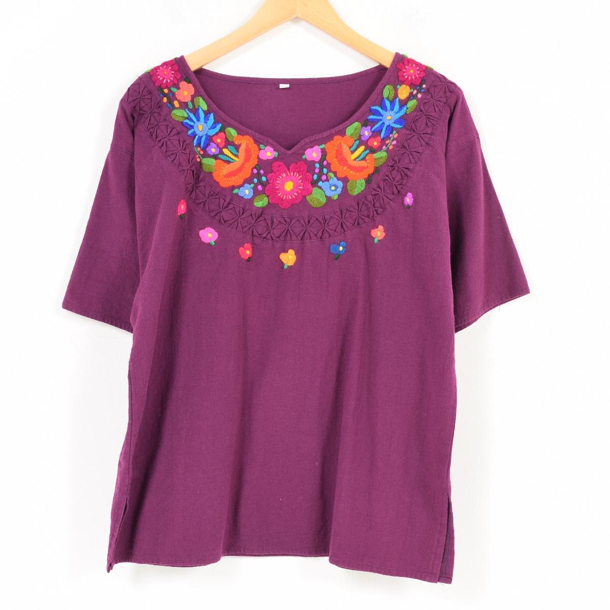 花柄刺繍 半袖チュニック レディースXL /waq4357 【180419】【CS2003】【SS2006】【SS2007】