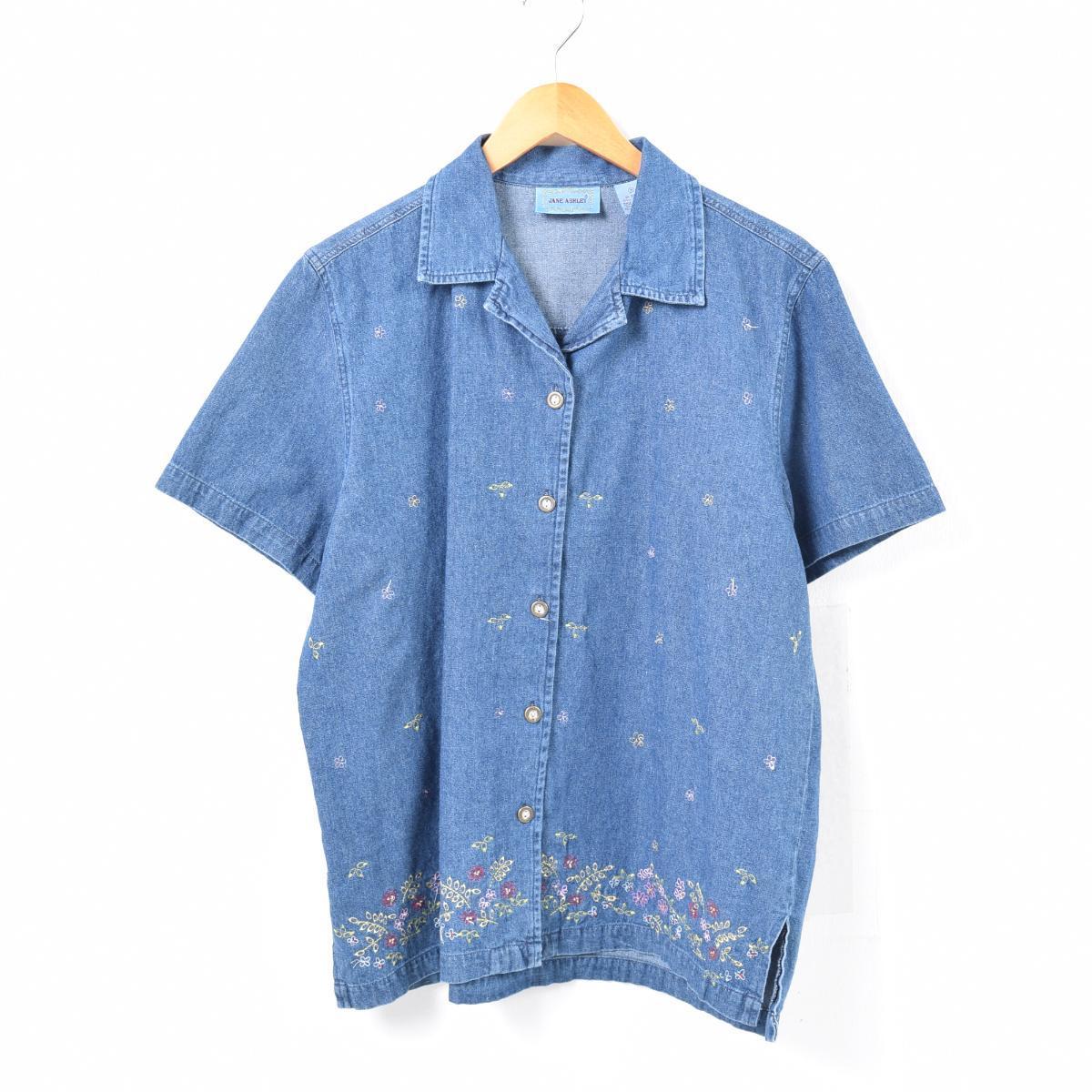 Jane Ashley ビーズ付き 花柄刺繍 オープンカラー 半袖 デニムシャツ レディースl War5796 古着屋ｊａｍ Pd Cs03 Pd10 Ss06 その他半袖シャツ 古着屋jam ジャム