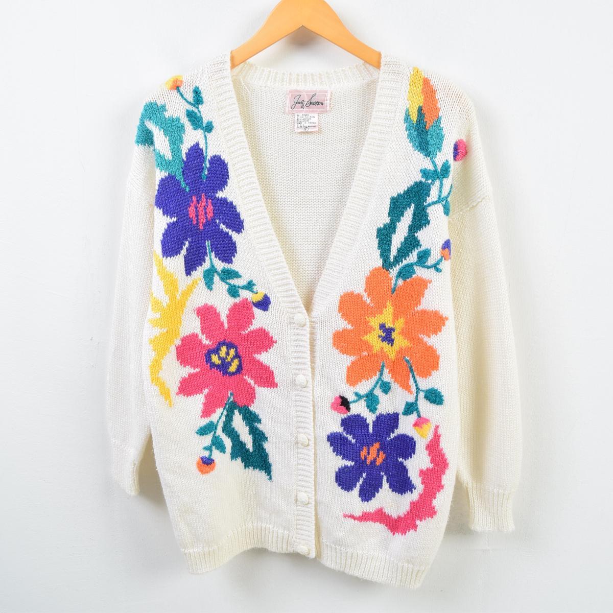 花柄 アクリルニットカーディガン レディースXL /wbb2246 【中古】 【190201】【TS1911】