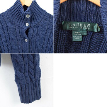 ラルフローレン Ralph Lauren LAUREN ローレン ハイネック モックネック ケーブル編み コットンニットカーディガン レディースXL /wbc8667 【中古】 【190301】【TS1911】