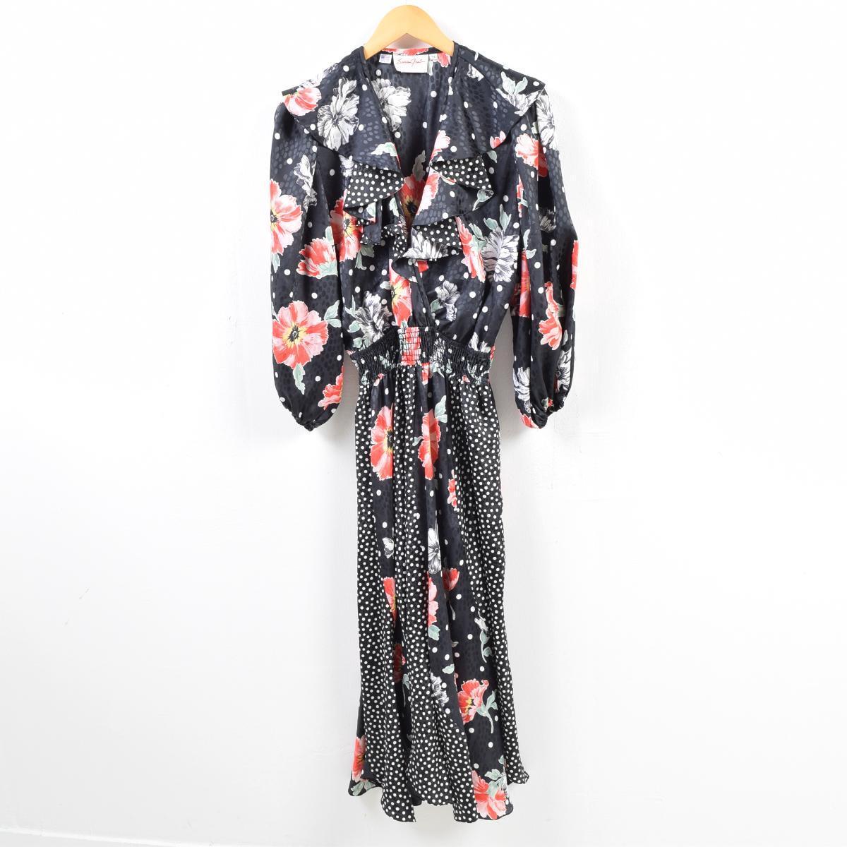 80年代 スーザンフレイス Susan Freis 花柄 ドット柄 七分袖 フレア ワンピース Usa製 レディースm ヴィンテージ Wbd6145 Svtg フレアワンピース 古着屋jam ジャム