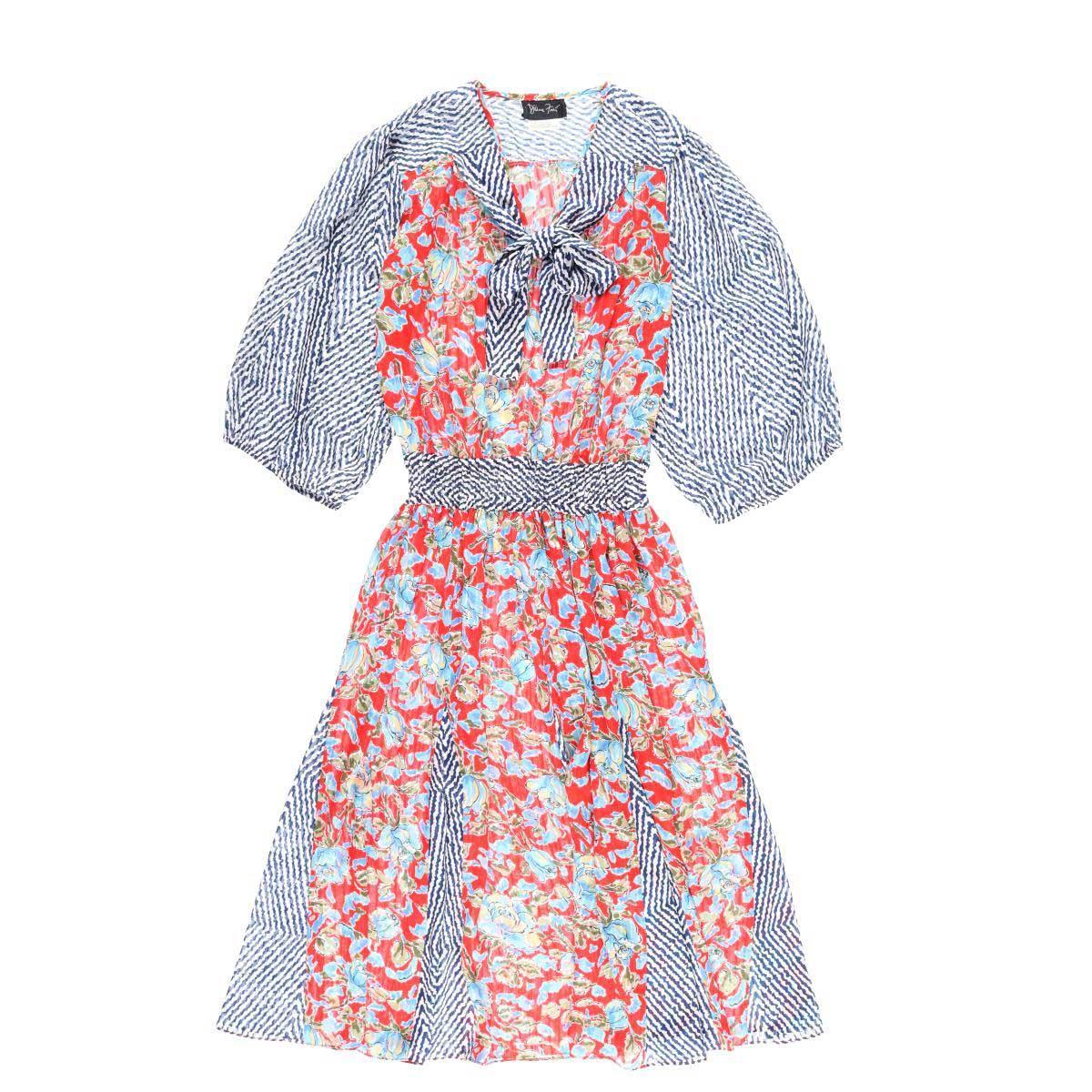 80年代 ダイアンフレイス Diane Freis 総柄 花柄 ボウタイ襟 七分袖 フレア ワンピース レディースl Wbe2321 フレアワンピース 古着屋jam ジャム