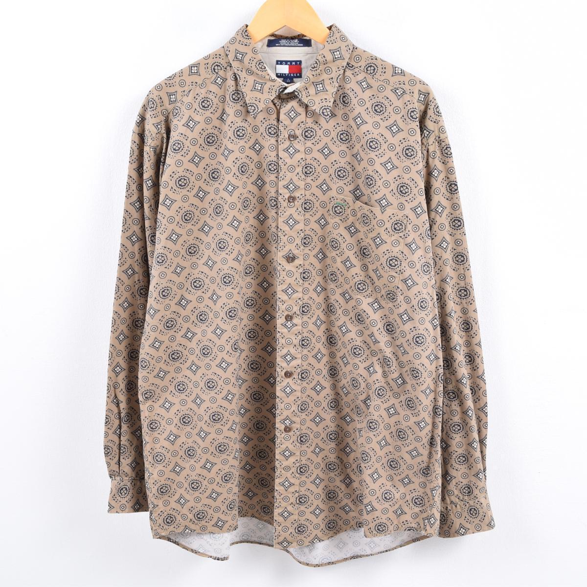 90年代 トミーヒルフィガー TOMMY HILFIGER 総柄 モノグラム柄 長袖 コットンシャツ メンズXL ヴィンテージ /wbk6556 【中古】 【191028】