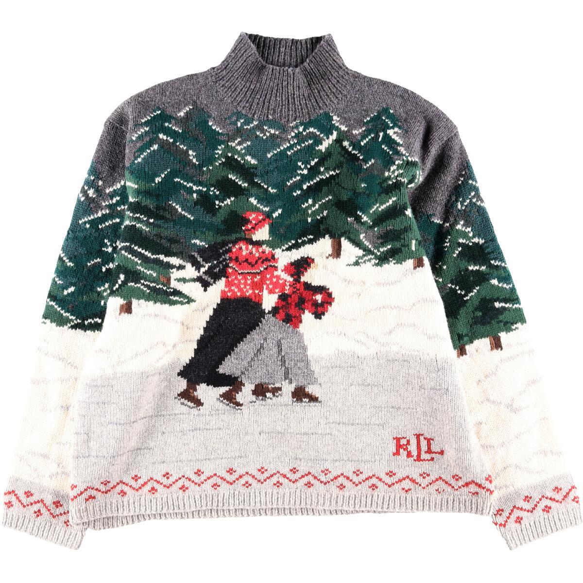 ラルフローレン Ralph Lauren LAUREN ローレン スケート柄 総柄 ハイネック ハンドニット ウールニットセーター レディースL /wca002032 【中古】 【200113】